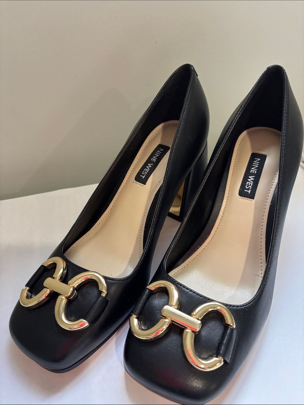 Nine West Black Leather Heels with Gold Accent Horsebit